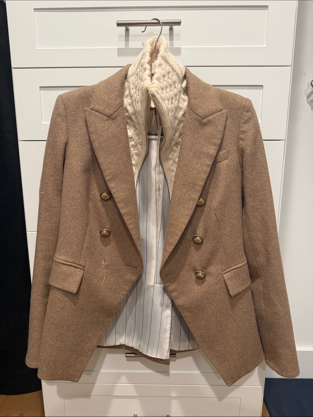 Veronica Beard Double-Breasted Tan Wool Blazer with Knit Dickey